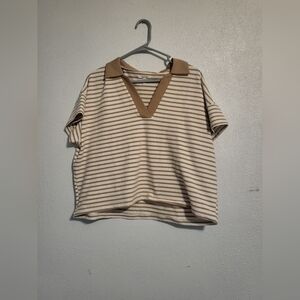 Striped V-Neck Women's Top - Beige and White
